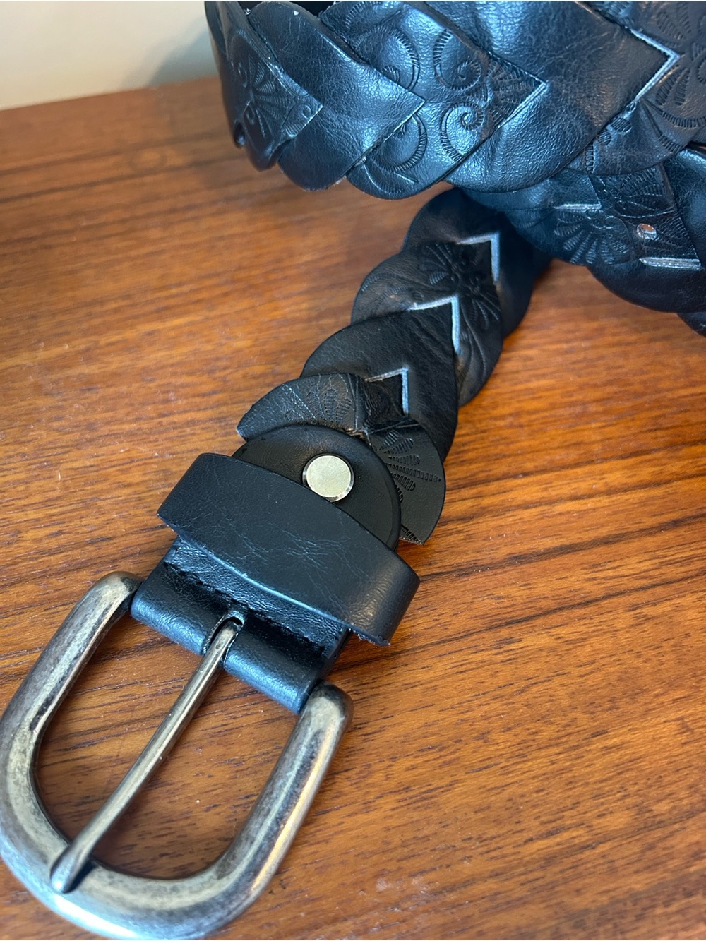 Vintage Black Braided Stamped Leather Belt Country Western with Silver Buckle